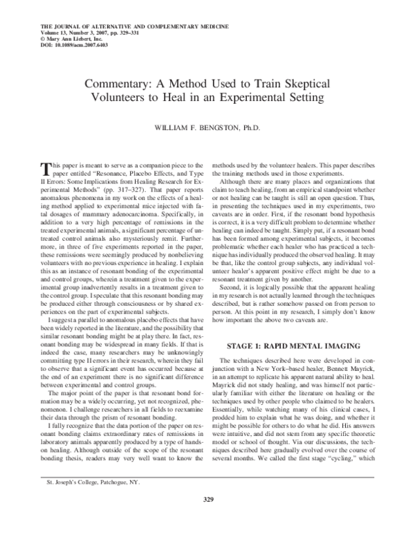 Commentary: A Method Used to Train Skeptical Volunteers to Heal in an Experimental Setting