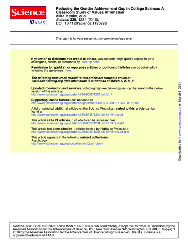 (PDF) Reducing the Gender Achievement Gap in College Science: A ...