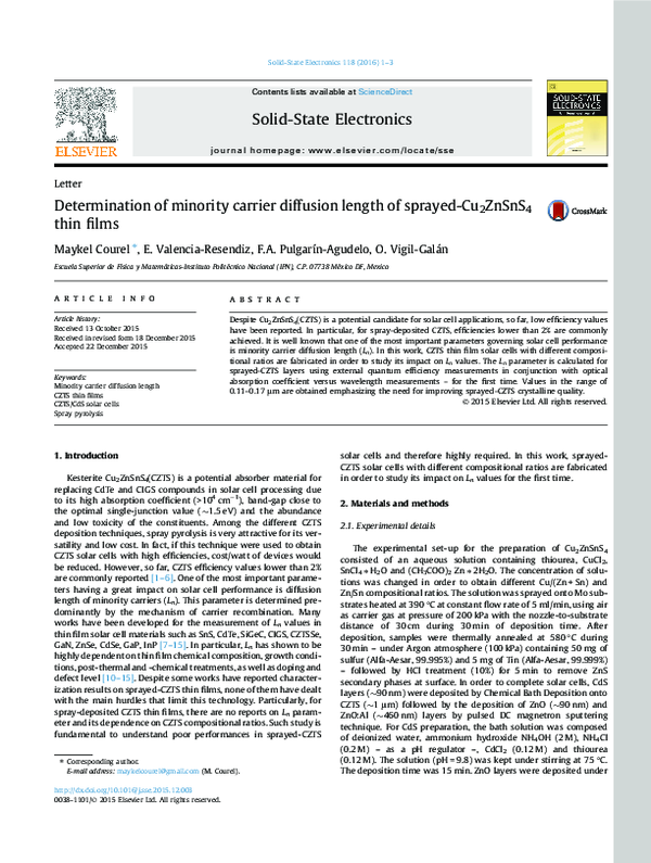 (PDF) Determination of minority carrier diffusion length of sprayed-Cu ...