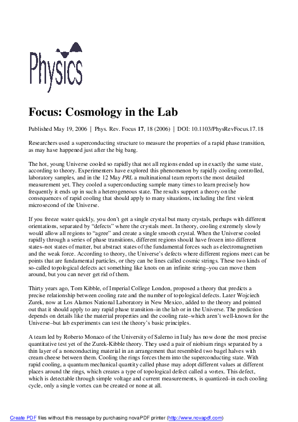 (PDF) Physics - Cosmology in the Lab