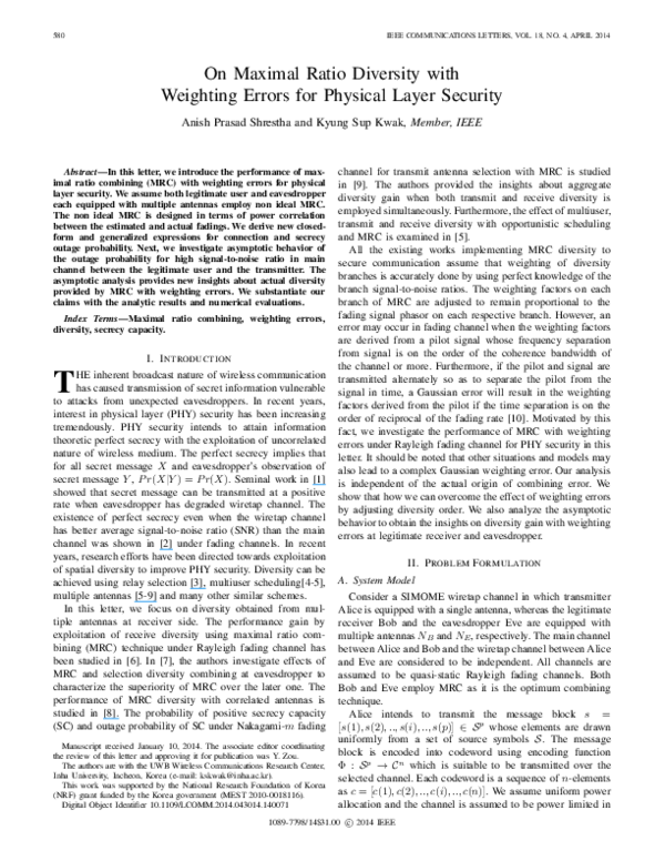 (PDF) On maximal ratio diversity with weighting errors for physical ...