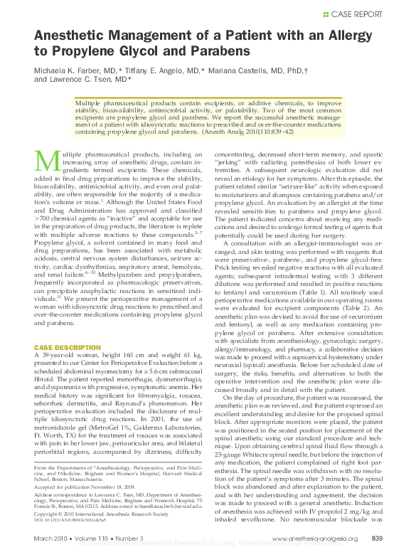 (PDF) Anesthetic Management of a Patient with an Allergy to Propylene