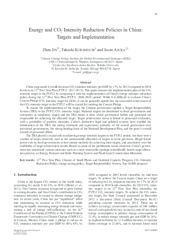(PDF) Energy and CO 2 Intensity Reduction Policies in China: Targets ...