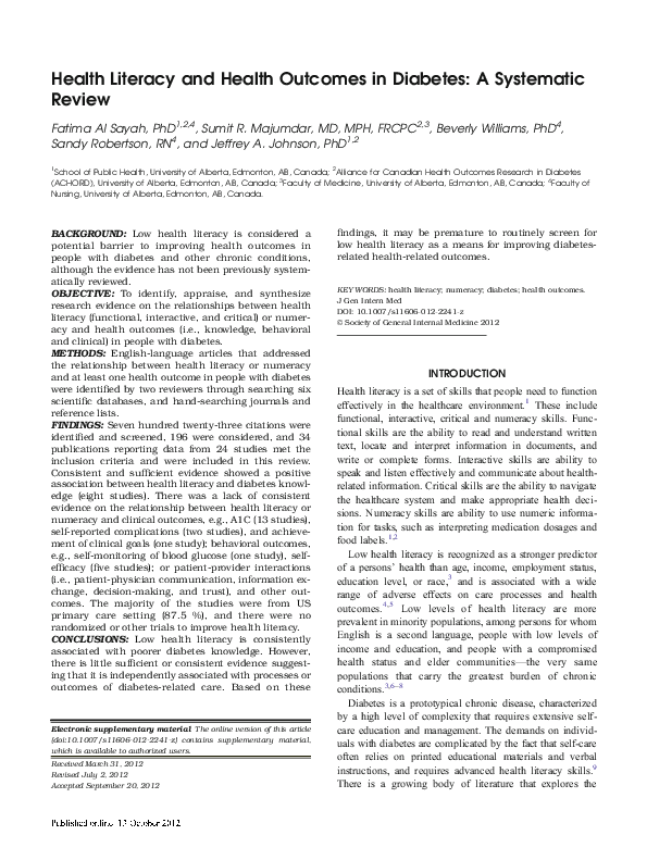 (PDF) Health Literacy and Health Outcomes in Diabetes: A Systematic Review