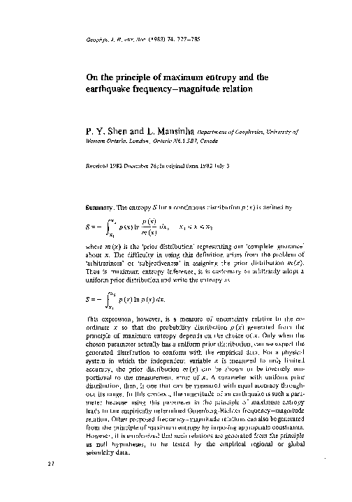 (PDF) On the principle of maximum entropy and the earthquake frequency ...