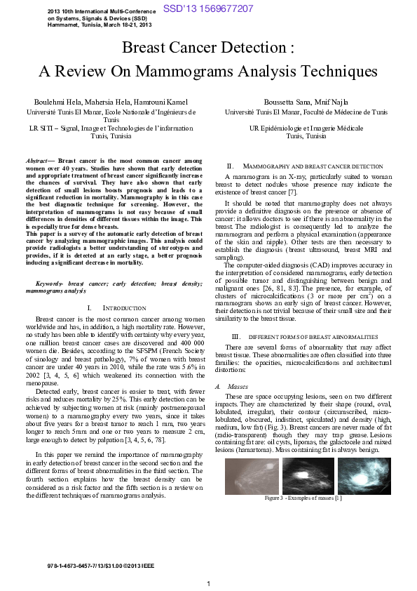 (PDF) Breast cancer detection: A review on mammograms analysis techniques