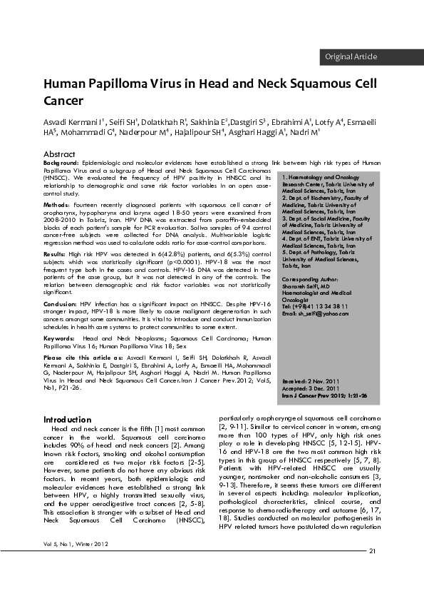 (PDF) 8522 POSTER Human Papilloma Virus in Head and Neck Squamous Cell ...