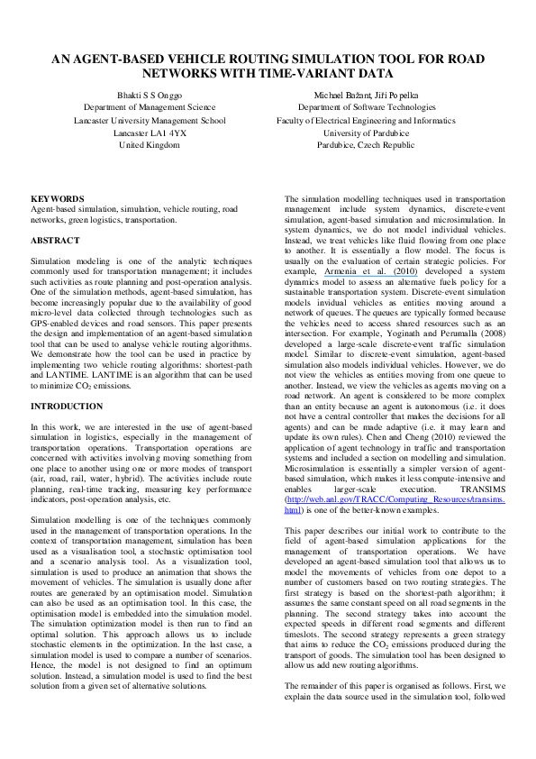 (PDF) AN AGENT-BASED VEHICLE ROUTING SIMULATION TOOL FOR ROAD NETWORKS ...