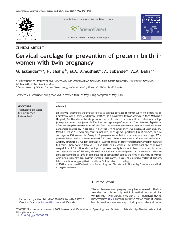 (PDF) Cervical cerclage for prevention of preterm birth in women with ...