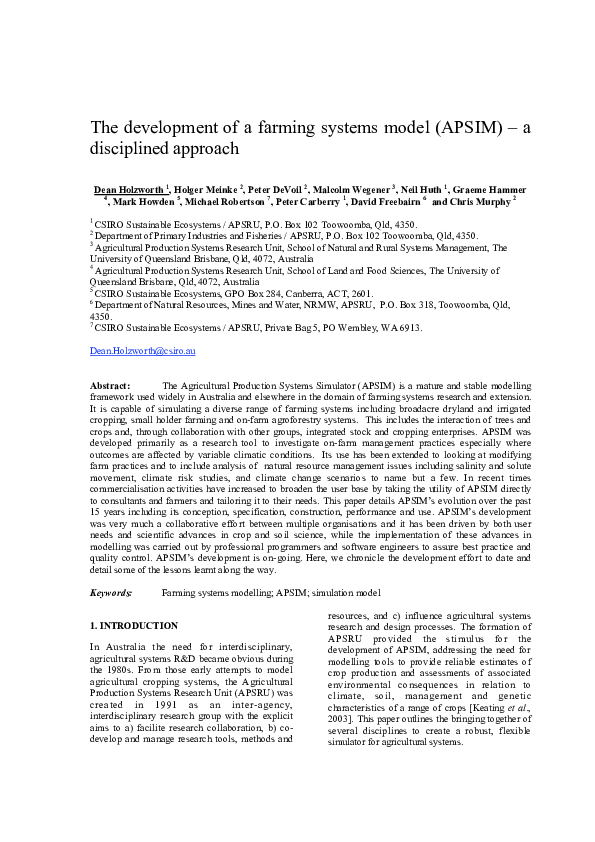 (PDF) The Development of a Farming Systems Model (APSIM) a Disciplined ...