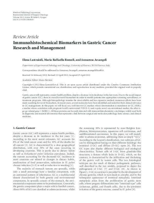 (PDF) Immunohistochemical Biomarkers in Gastric Cancer Research and ...