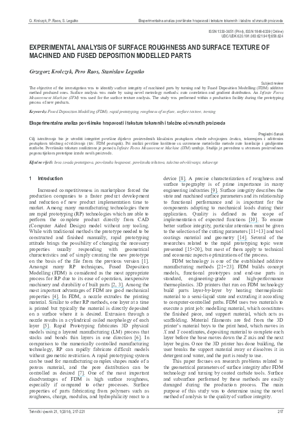(PDF) EXPERIMENTAL ANALYSIS OF SURFACE ROUGHNESS AND SURFACE TEXTURE OF ...