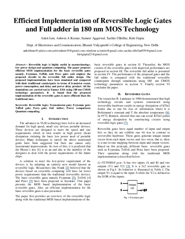 (PDF) Efficient Implementation of Reversible Logic Gates and Full adder ...