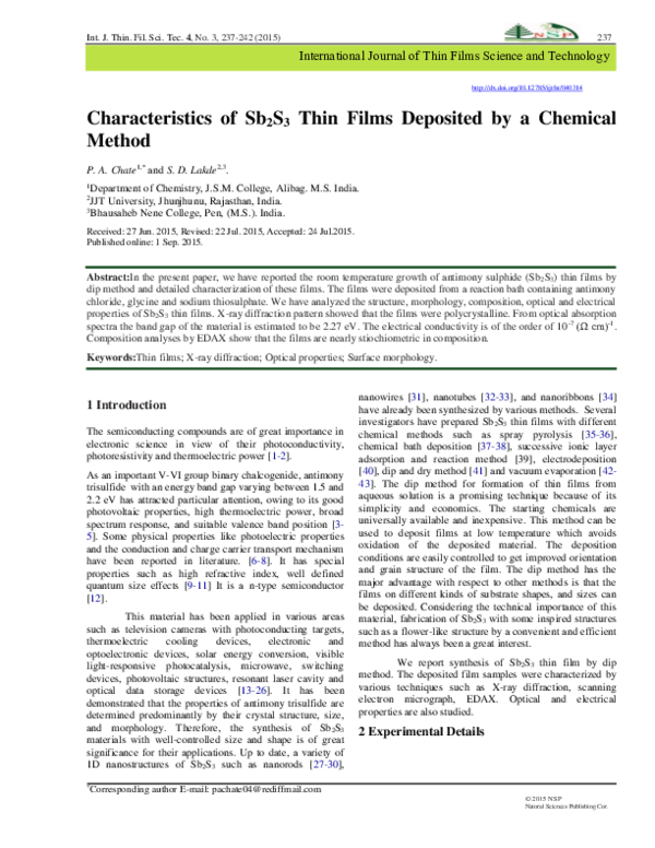 (PDF) Characteristics of Sb 2 S 3 Thin Films Deposited by a Chemical Method