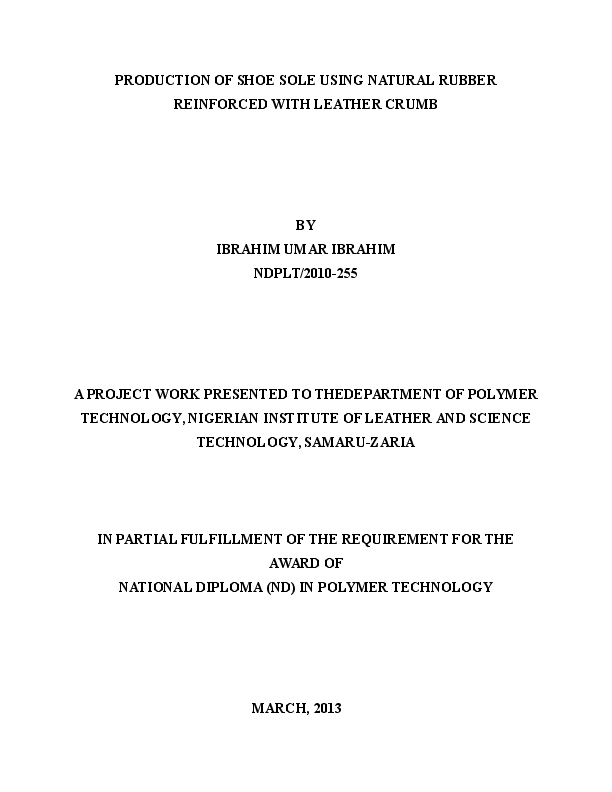 (DOC) Production Of Shoe Sole Using Natural Rubber Reinforced With Leather Crumb Umar Ibrahim