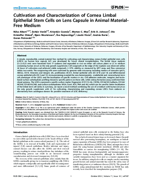 (PDF) Cultivation and Characterization of Cornea Limbal Epithelial Stem ...