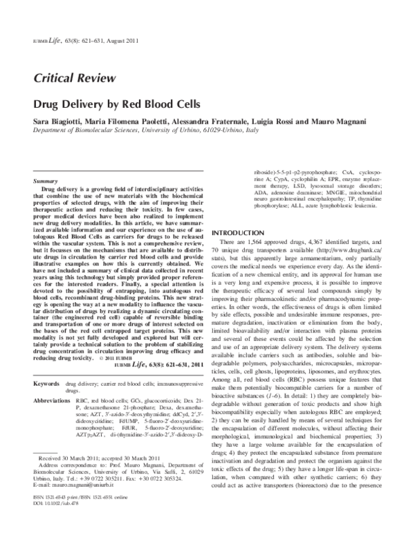 (PDF) Drug delivery by red blood cells