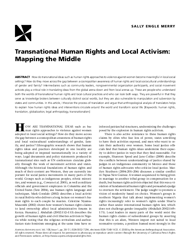 First page of “Transnational Human Rights and Local Activism: Mapping the Middle”