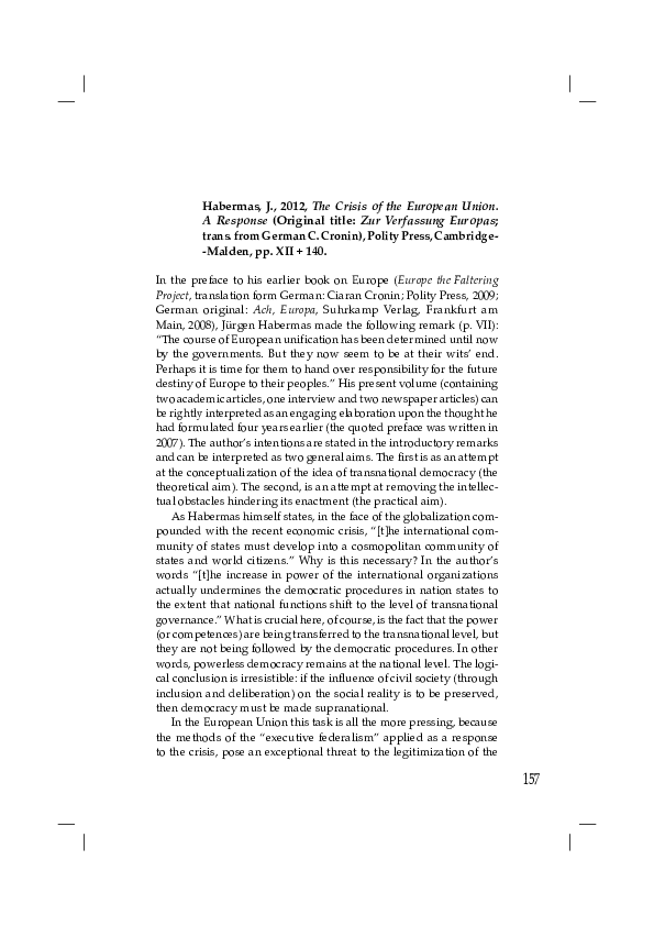 (PDF) Habermas, J., 2012, The Crisis of the European Union. A Response ...