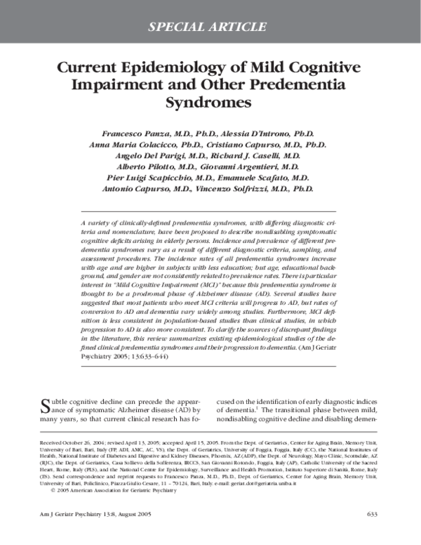 (PDF) Current epidemiology of mild cognitive impairment and other ...