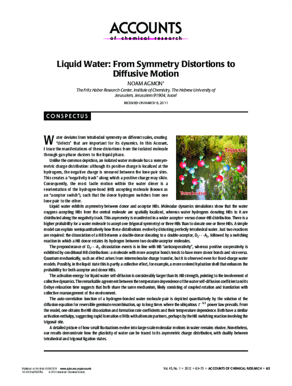 (PDF) Liquid Water: From Symmetry Distortions to Diffusive Motion