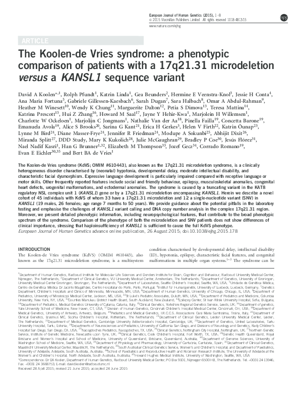 (PDF) The Koolende Vries syndrome a phenotypic comparison of patients with a 17q21.31