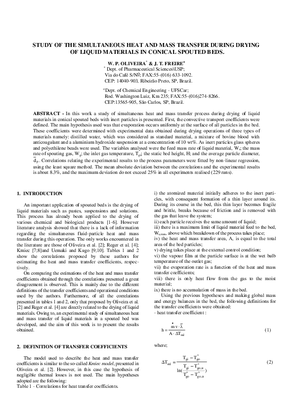 (PDF) STUDY OF THE SIMULTANEOUS HEAT AND MASS TRANSFER DURING DRYING OF ...