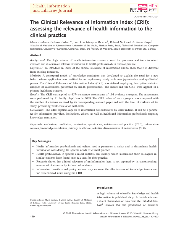 (PDF) The Clinical Relevance of Information Index (CRII): assessing the ...