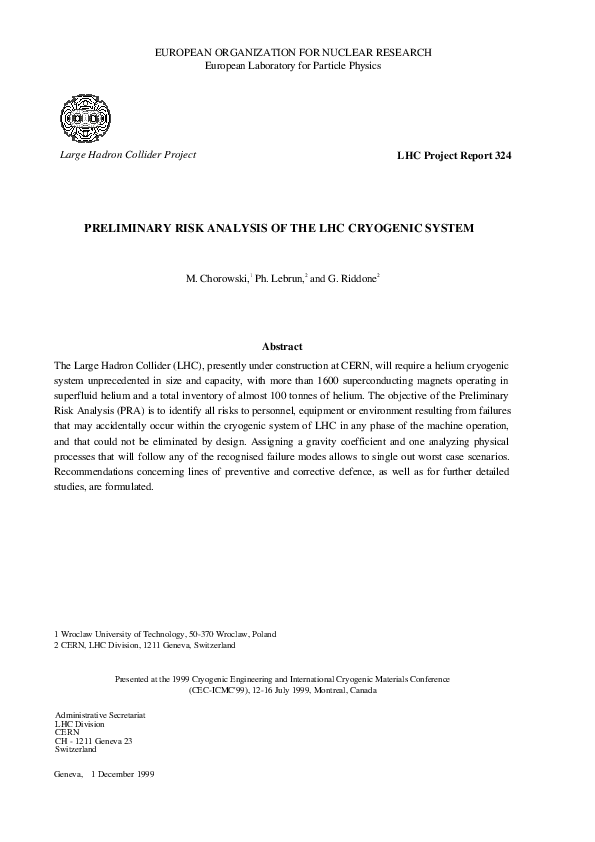 (PDF) Preliminary Risk Analysis of the LHC Cryogenic System