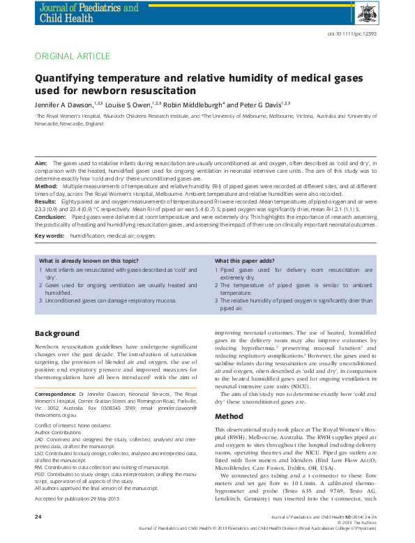 (PDF) Quantifying temperature and relative humidity of medical gases used for newborn