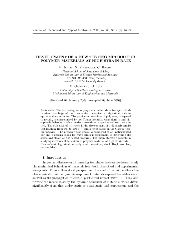 (PDF) DEVELOPMENT OF A NEW TESTING METHOD FOR POLYMER MATERIALS AT HIGH ...