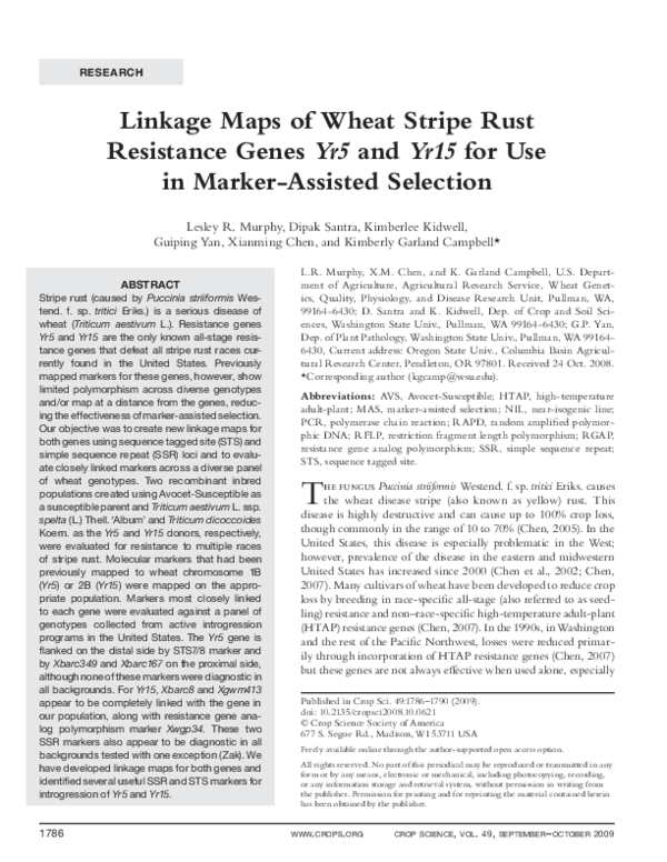 (PDF) Linkage Maps of Wheat Stripe Rust Resistance Genes and for Use in ...