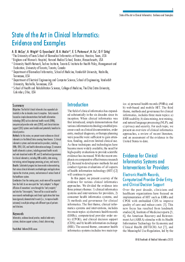 (PDF) State of the art in clinical informatics: evidence and examples