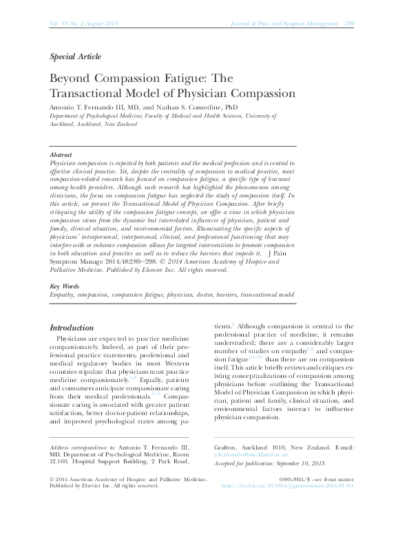 Pdf Beyond Compassion Fatigue The Transactional Model Of Physician