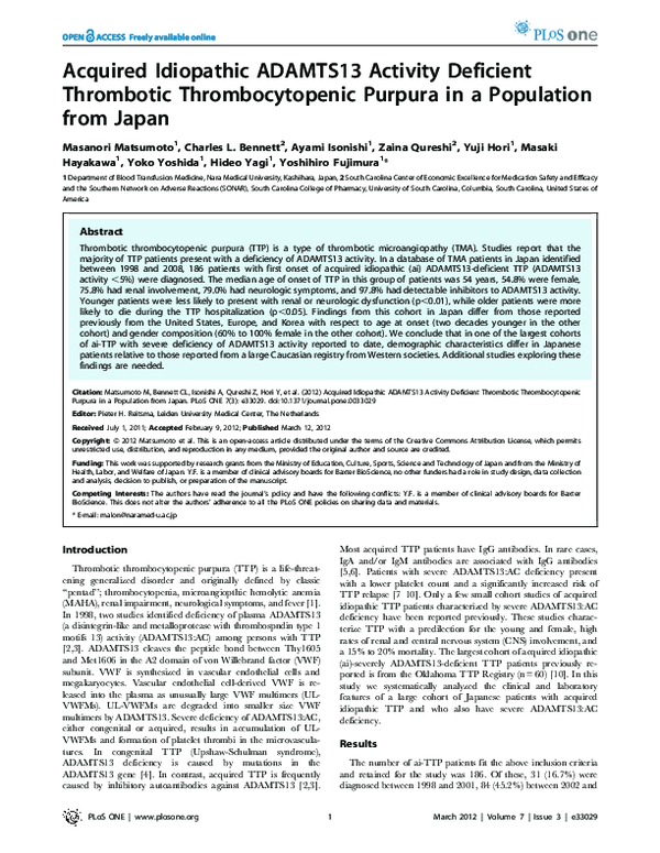 (PDF) Acquired Idiopathic ADAMTS13 Activity Deficient Thrombotic ...