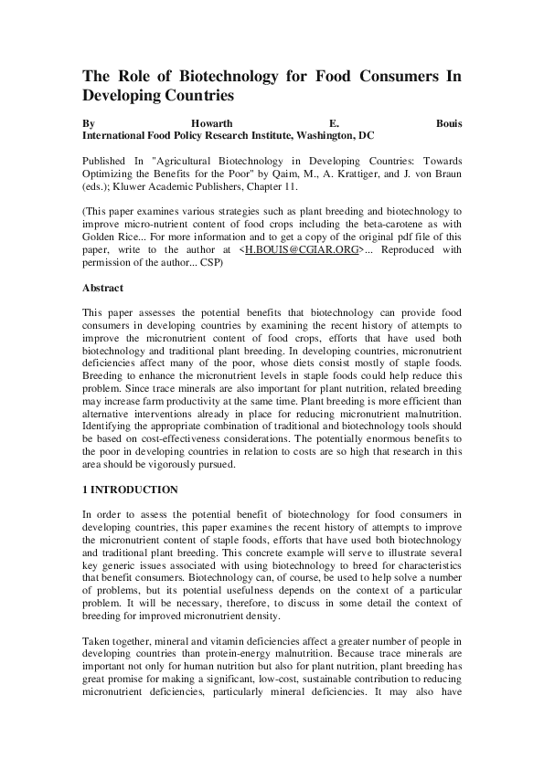 (PDF) The Role of Biotechnology for Food Consumers in Developing Countries