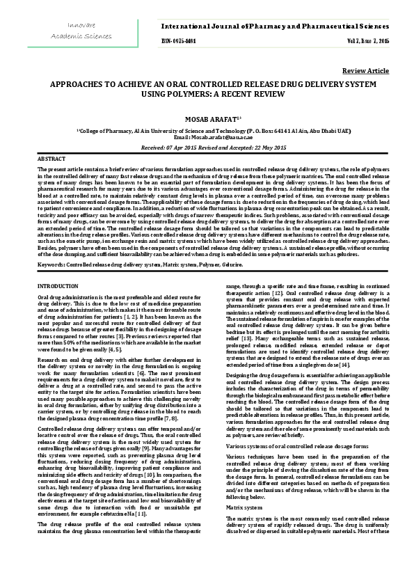  PDF Approaches To Achieve An Oral Controlled Releases Drug Delivery 