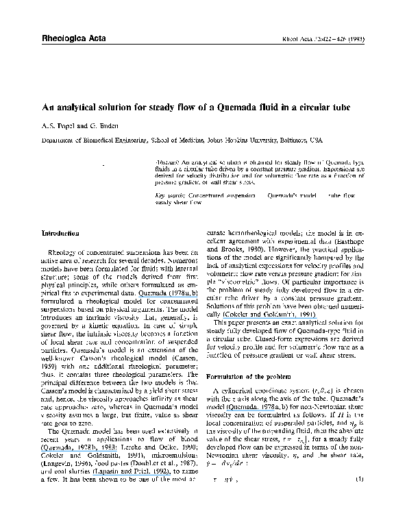 (PDF) An analytical solution for steady flow of a Quemada fluid in a ...