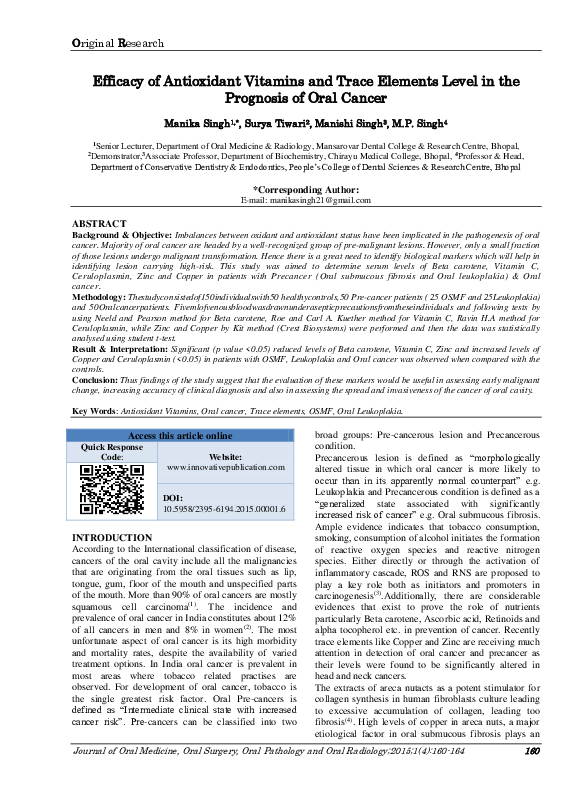 (PDF) Efficacy of Antioxidant Vitamins and Trace Elements Level in the