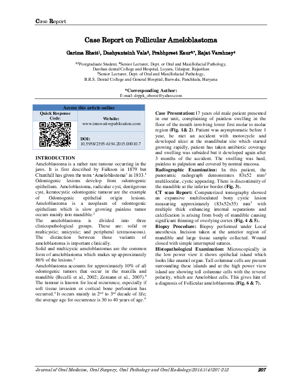 (PDF) Case Report on Follicular Ameloblastoma Prabhpreet Oberoi and IP Innovative Publication