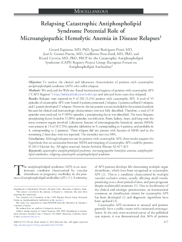 (PDF) Relapsing Catastrophic Antiphospholipid Syndrome Potential Role