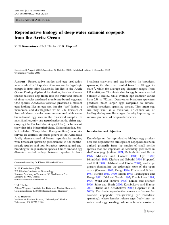 (PDF) Reproductive biology of deep-water calanoid copepods from the ...