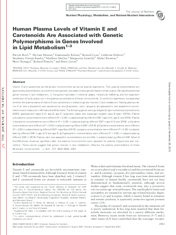 (PDF) Human plasma levels of vitamin E and carotenoids are associated ...