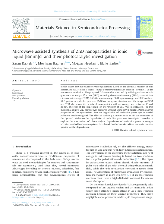 (PDF) Microwave assisted synthesis of ZnO nanoparticles in ionic liquid ...
