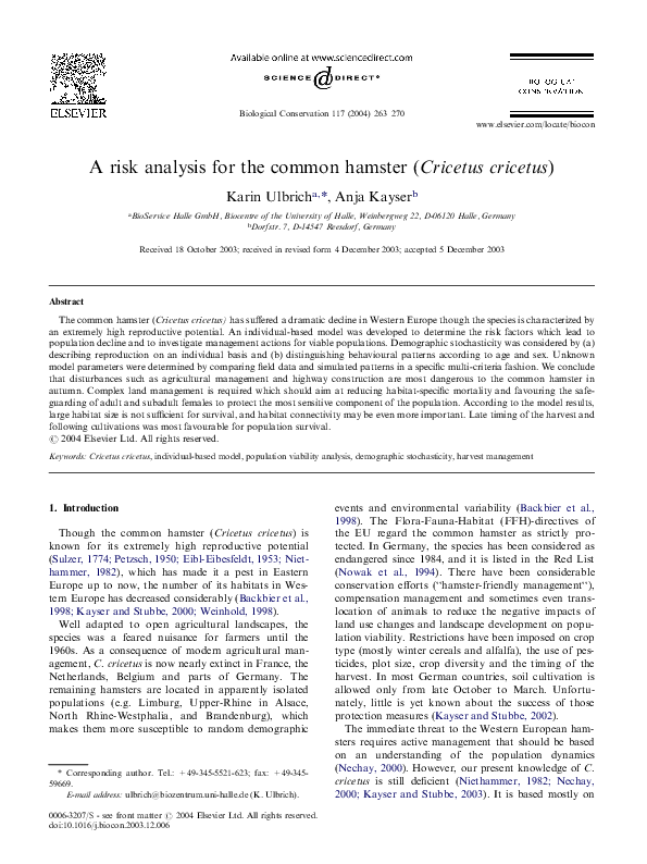 (PDF) A risk analysis for the common hamster ( Cricetus cricetus