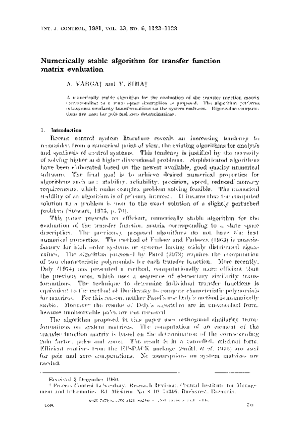 (PDF) Numerically stable algorithm for transfer function matrix evaluation