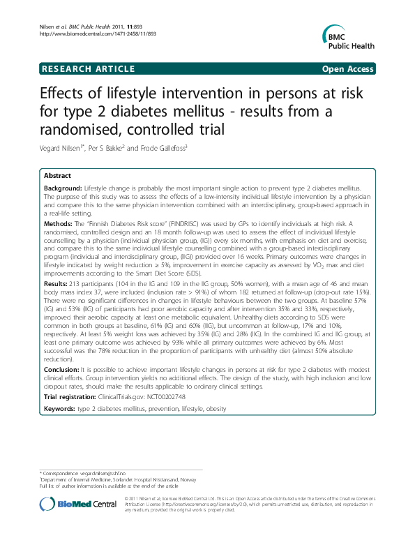 (PDF) Effects of lifestyle intervention in persons at risk for type 2 ...