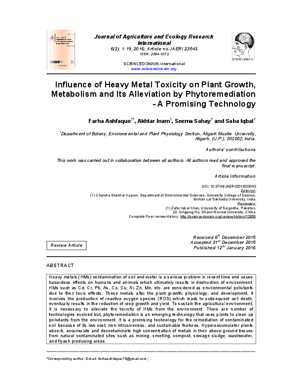 (PDF) Influence of Heavy Metal Toxicity on Plant Growth, Metabolism and ...