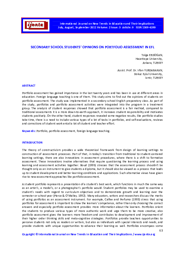 (PDF) SECONDARY SCHOOL STUDENTS' OPINIONS ON PORTFOLIO ASSESSMENT IN EFL