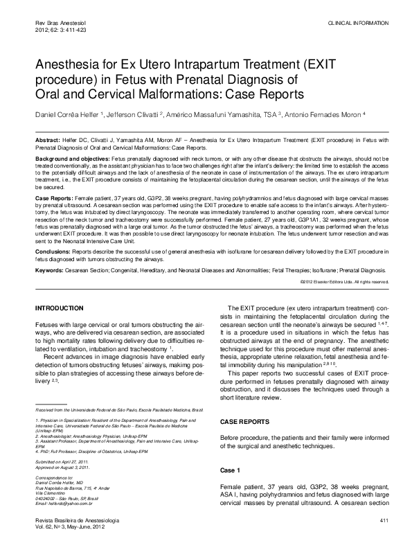 (PDF) Anesthesia for Ex Utero Intrapartum Treatment (EXIT procedure) in ...